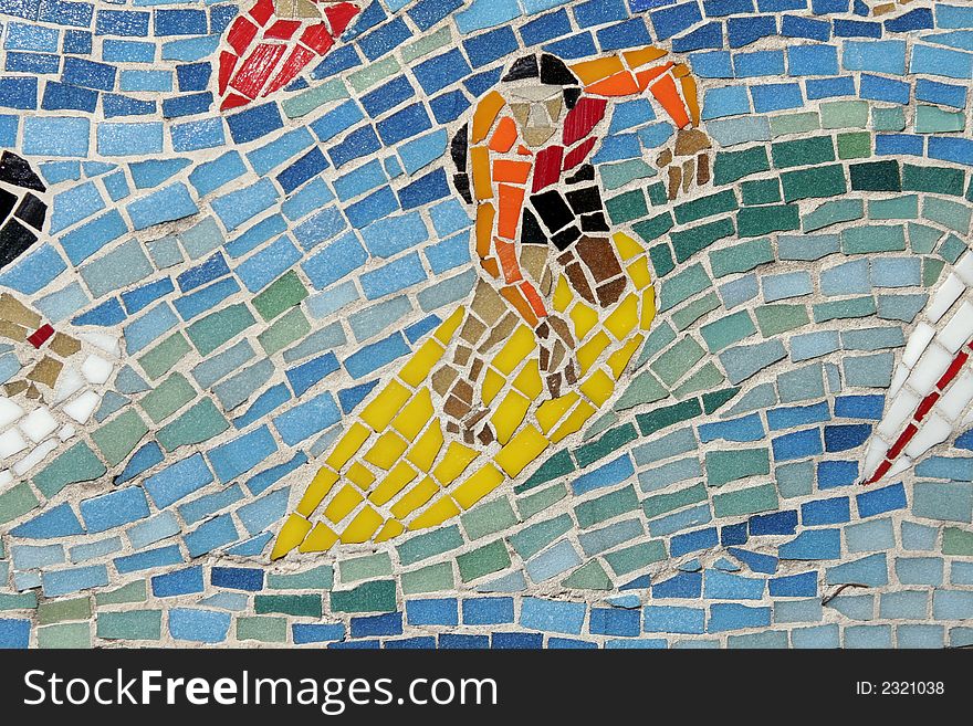 Colourful Mosaic Surfer, Background Made Of Many Little Stones