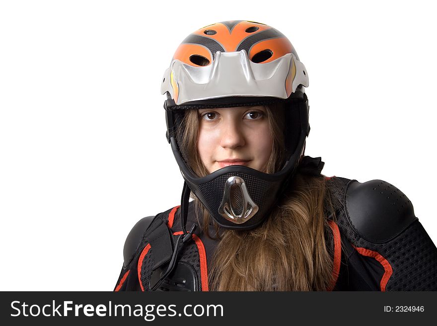 Extreme girl in body-armour with full-face helmet, isolate