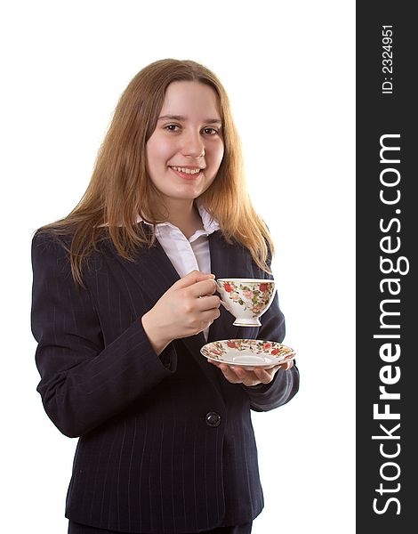 Young girl with a tea cup, isolate on white