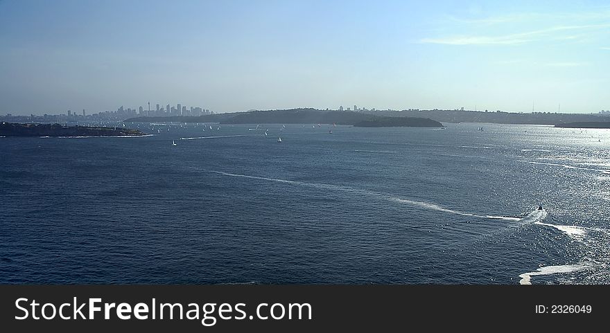 Coastline of sydney taken from manly, sydney cbd in distance,. Coastline of sydney taken from manly, sydney cbd in distance,