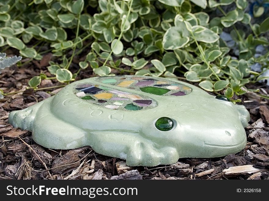 A homemade flat-frog stepping stone garden ornament set on a bed of wood chips. A homemade flat-frog stepping stone garden ornament set on a bed of wood chips.