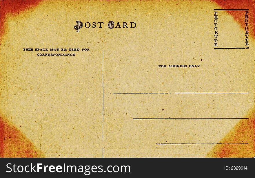 Blank back of a 1910 souvenir postcard. Sepia tone with acid stained corners, black text. Blank back of a 1910 souvenir postcard. Sepia tone with acid stained corners, black text.