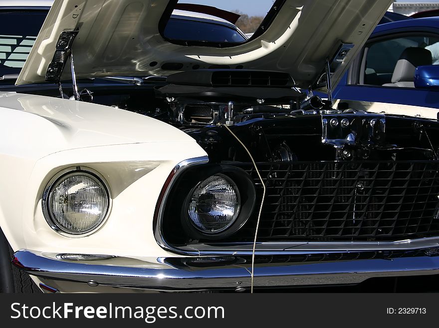 Closeup shot of a 1969 white Ford Mustang front end, shaker hood scoop, 428 Cobra Jet engine. Closeup shot of a 1969 white Ford Mustang front end, shaker hood scoop, 428 Cobra Jet engine.