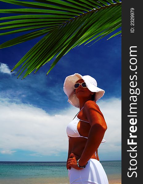 Portrait of nice woman in white panama and sunglasses in tropical environment. Portrait of nice woman in white panama and sunglasses in tropical environment