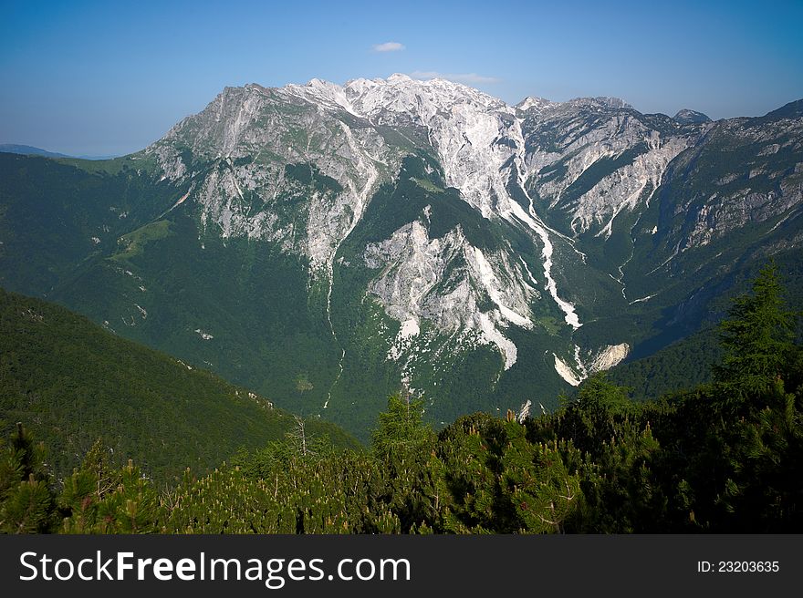 Alpine landscape with green grass in the foreground, valley view, mountain peaks. Location: Slovenia Alps.