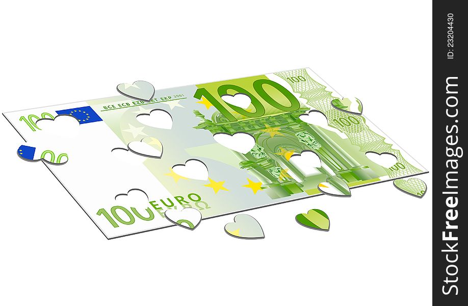 Hundred euro and hearts illustration on white