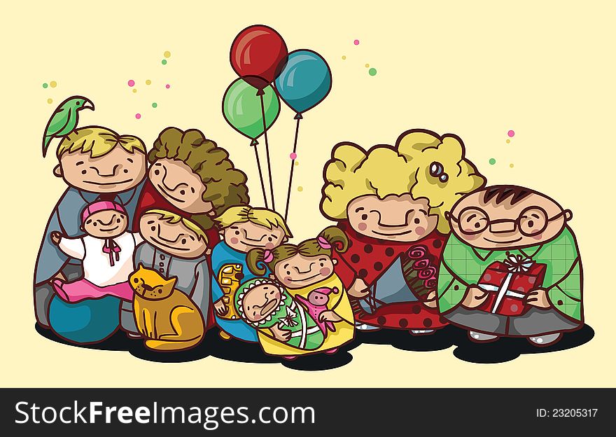 Cartoon family celebrating with balloons, confetti.
