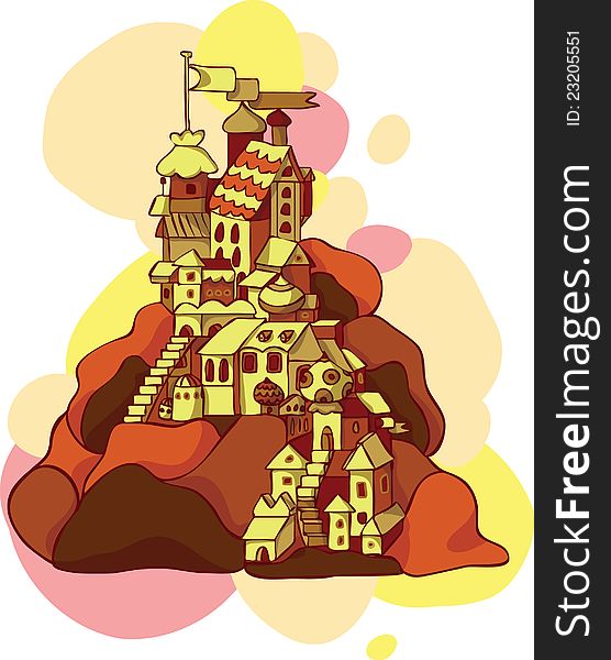 Fairy tale castle in golden colors, with flags. Fairy tale castle in golden colors, with flags