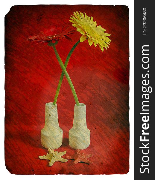 Still life with flowers gerberas. Old postcard, design in grunge and retro style. Still life with flowers gerberas. Old postcard, design in grunge and retro style