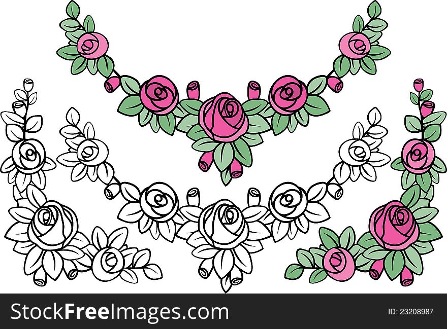 Old-fashioned rose pattern decoration in black and colored variants