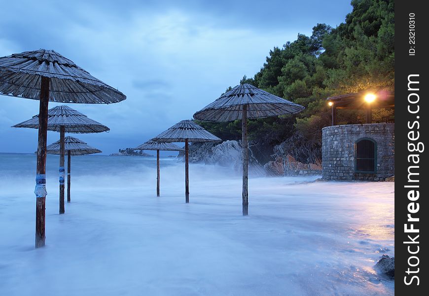 Autumn beach at night in long exposition mode