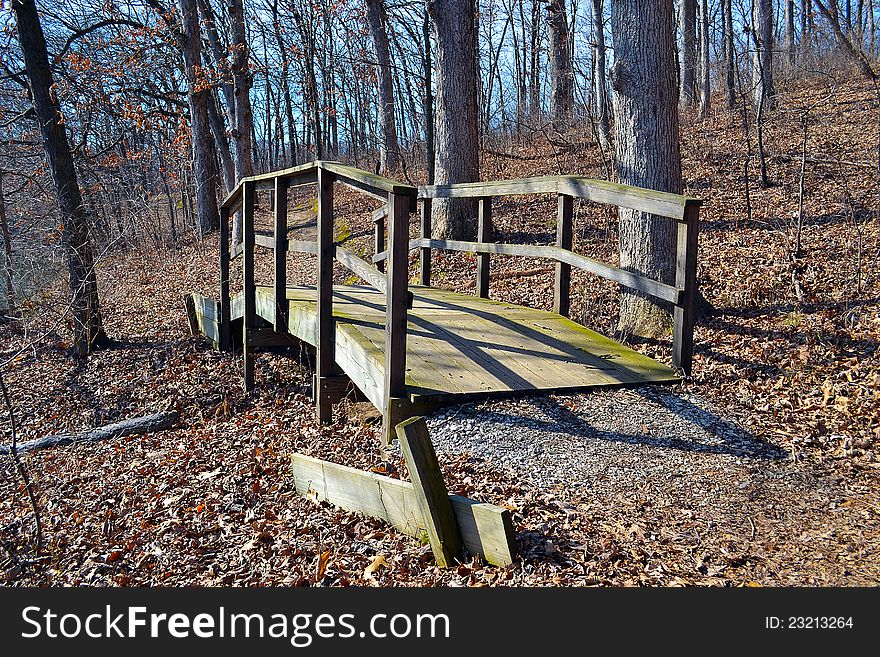 A trail bridge in an Illinois state park. A trail bridge in an Illinois state park.