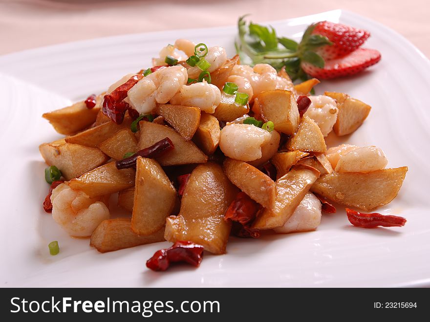 A chinese food made of potato and shrimp.