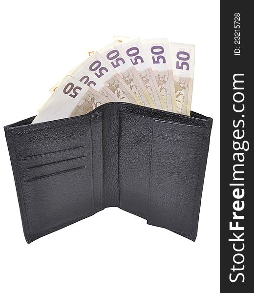 Black open wallet with Euro banknotes isolated on white; clipping path included