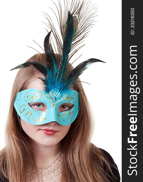 Girl in the blue masquerade mask on a white background