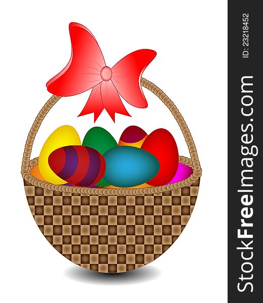 Easter basket with colorful eggs and ribbon