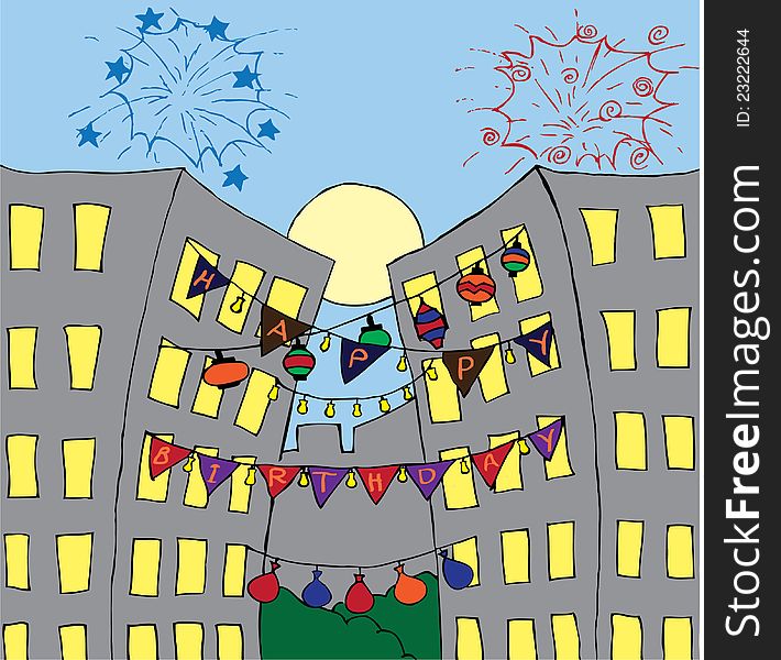 Illustration of a birthday card with decorated buildings. Illustration of a birthday card with decorated buildings