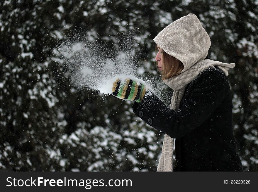 Winter Woman Blowing A Snow