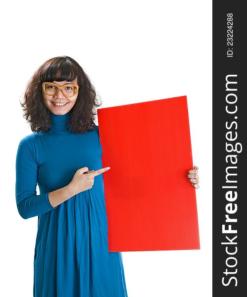 Brunette curly woman, hold red banner. Isolated over white background. Brunette curly woman, hold red banner. Isolated over white background
