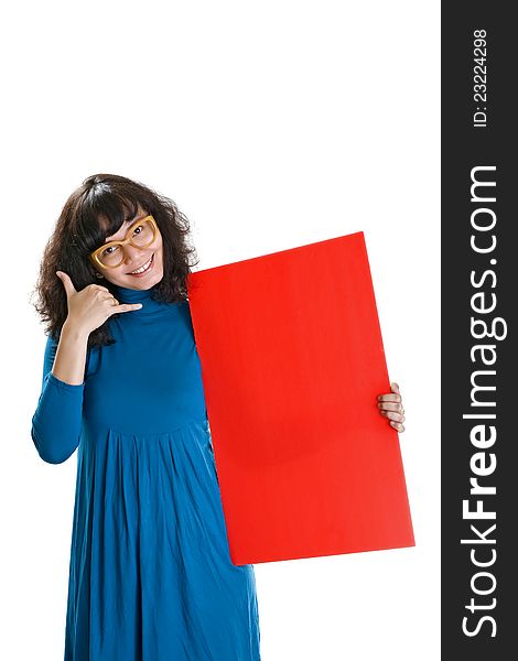 Brunette curly woman, hold red banner. Isolated over white background. Brunette curly woman, hold red banner. Isolated over white background