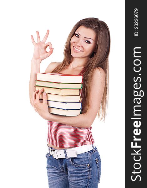 Portrait of a young woman with books isolated