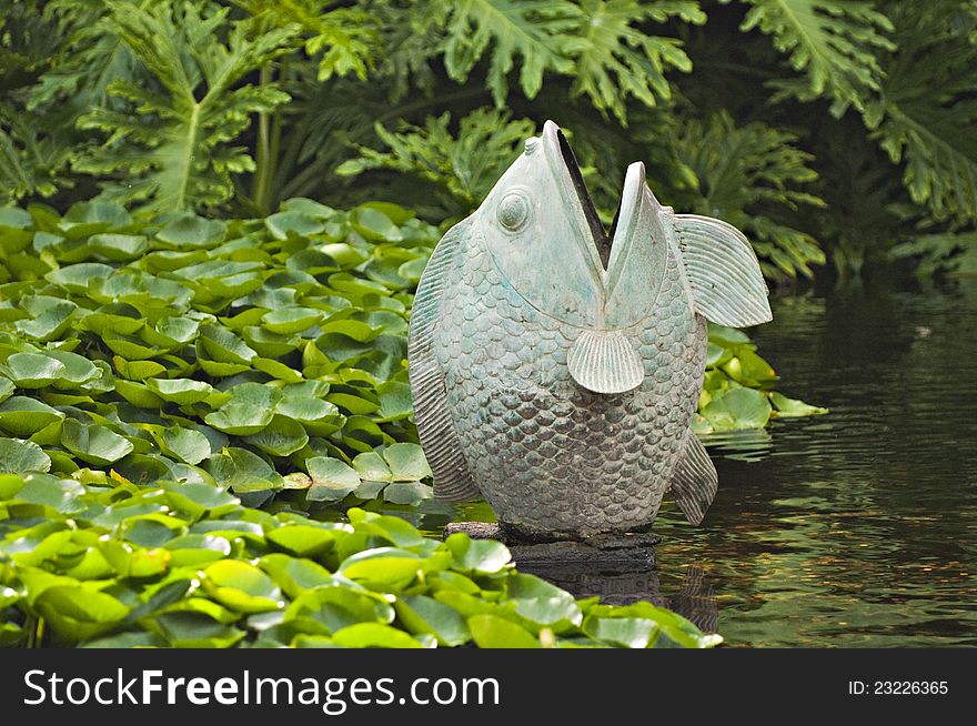 Pond with lots of green leaves and fish statue. Pond with lots of green leaves and fish statue