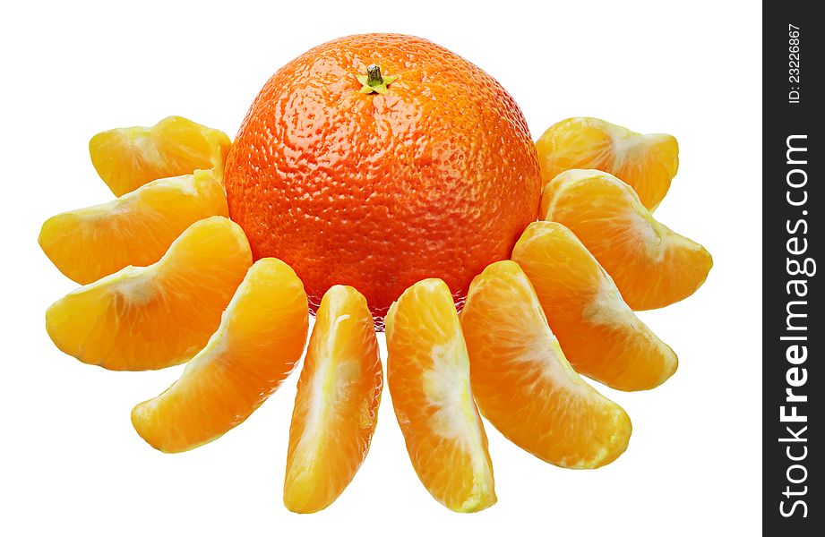 Mandarin with slices isolated on a white background