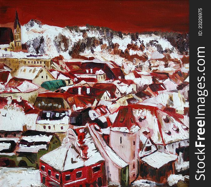 Oil painting red-white roofs
