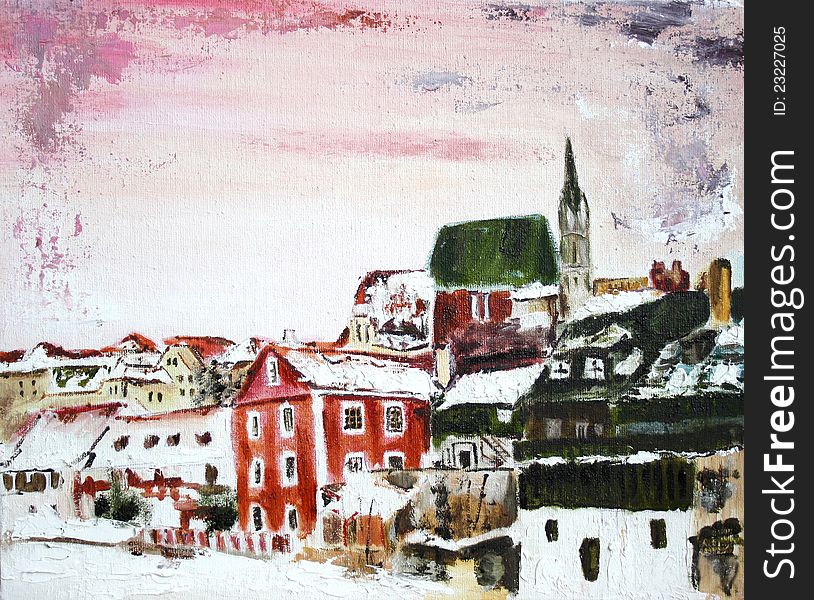 Winter small houses  in the old town oil painting
