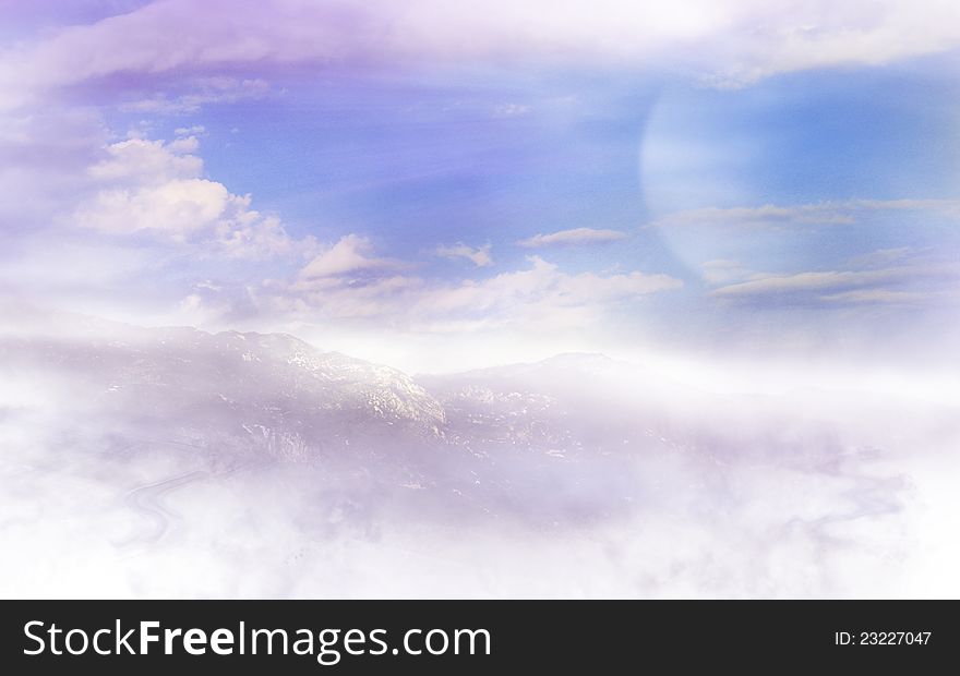 White clouds, mountains and  fog with planet silhouette. White clouds, mountains and  fog with planet silhouette