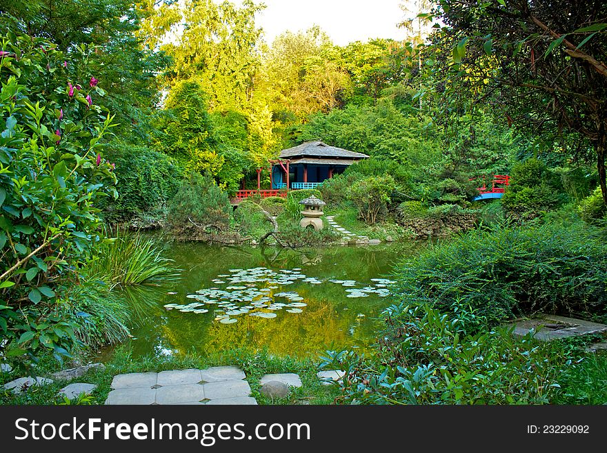 Beautiful japanese garden in the botanical garden of Cluj-Napoca, Romania