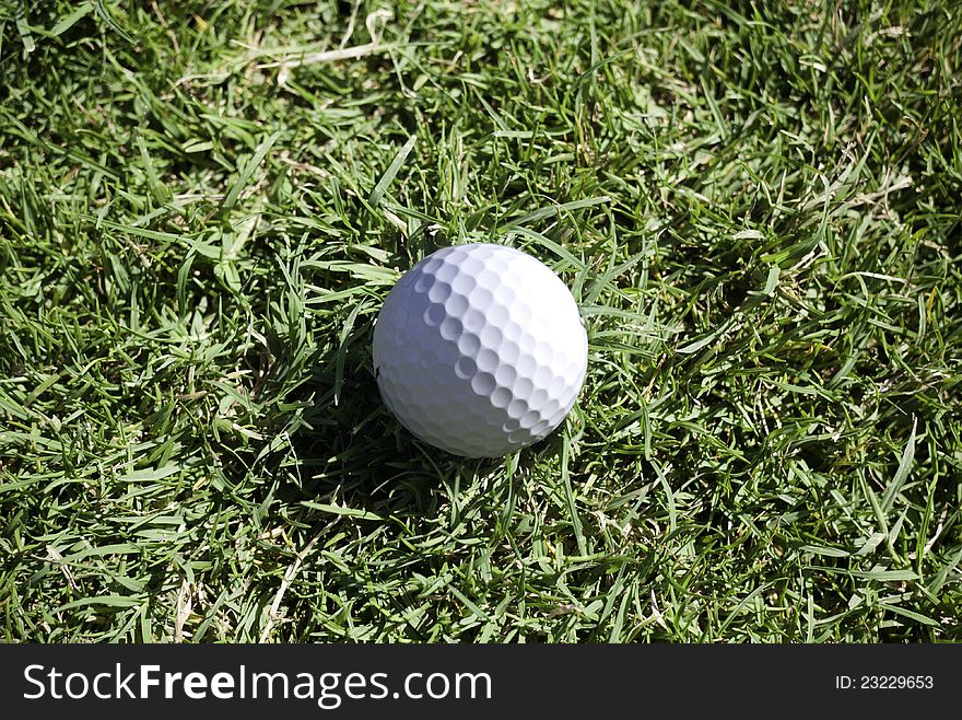 Golf ball lies in long grass in the rough