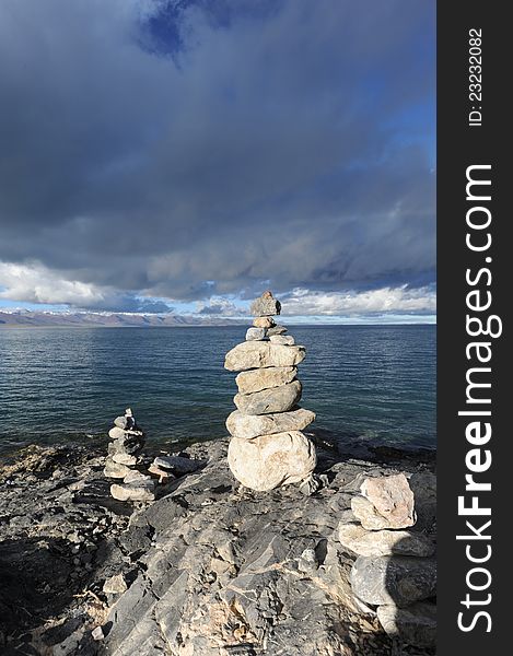 A Mani stones silently the Namucuo lake of Tibet. A Mani stones silently the Namucuo lake of Tibet.