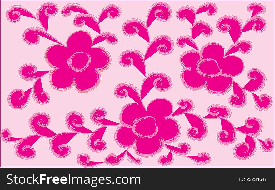 Decorative pink flowers with leaves by krausens on a pink background. Decorative pink flowers with leaves by krausens on a pink background