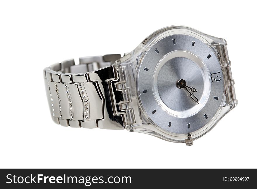 Watch with a steel bracelet on a white background