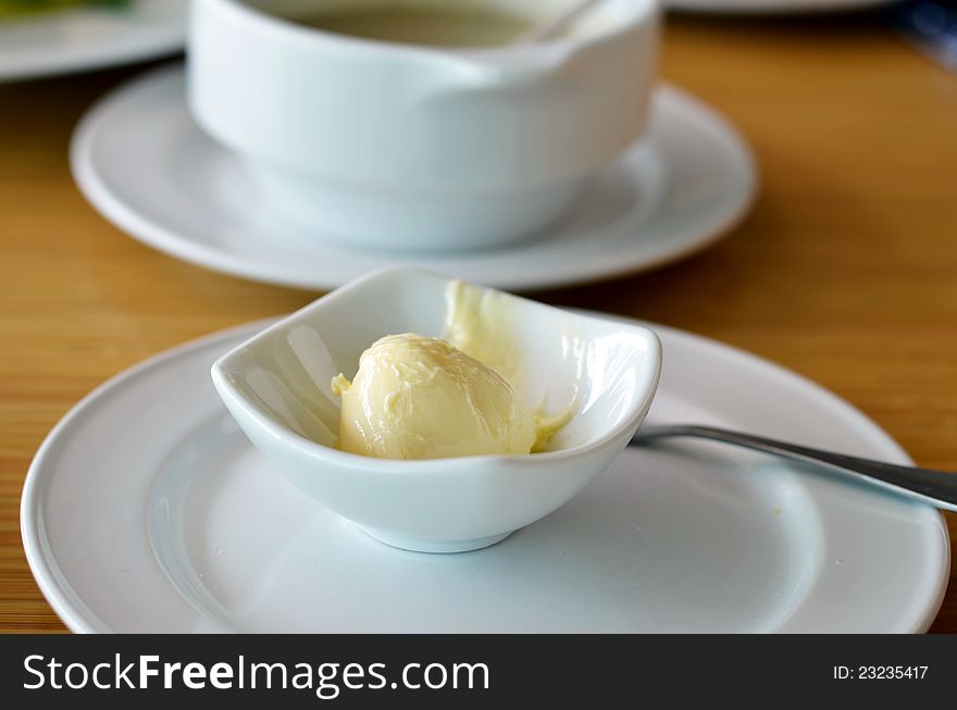 Cottage cheese in white bowl