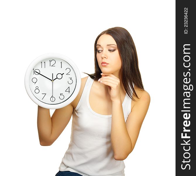 The girl with clock has reflected, on a white background