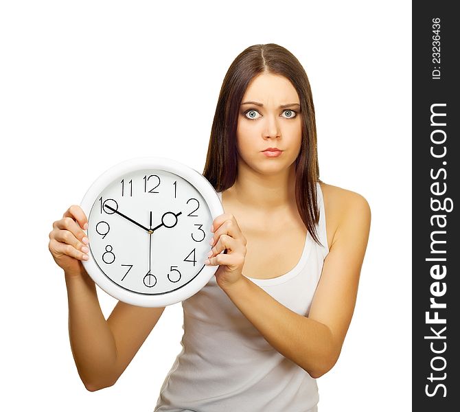 The girl with clock becomes angry, on a white background