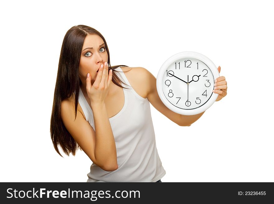The girl with clock becomes surprised, on a white background