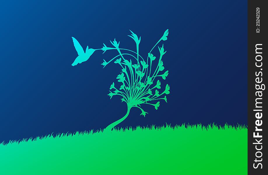 Vector illustration of the scenery with hummingbird.