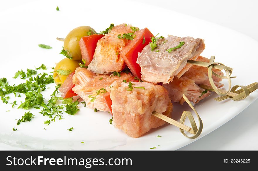 Close up of grilled salmon with vegetables