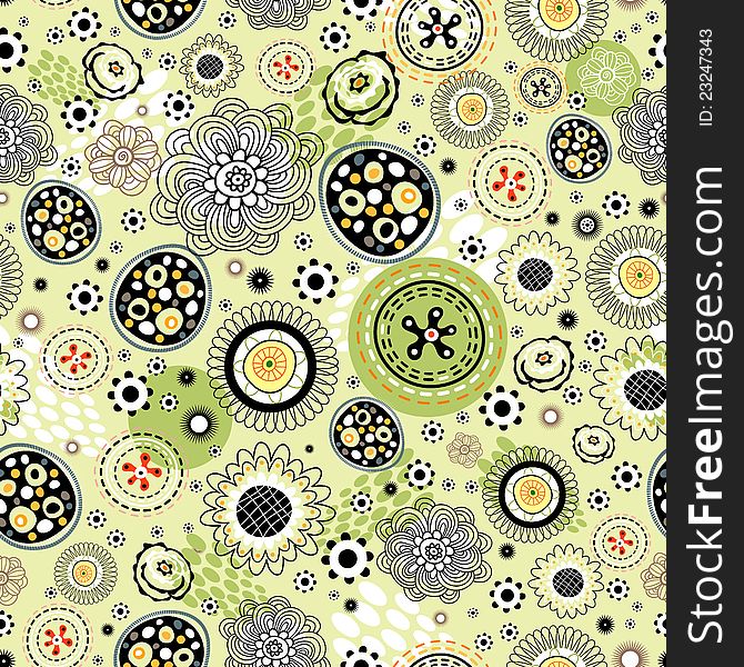 Seamless bright abstract pattern on a green background with black and white elements and flowers