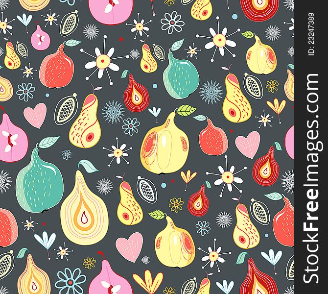 Seamless pattern of pears and flowers on a dark background. Seamless pattern of pears and flowers on a dark background