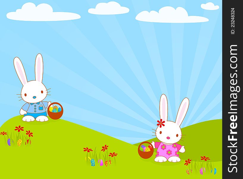Easter bunnies with their baskets and eggs. Global colors. Easter bunnies with their baskets and eggs. Global colors.