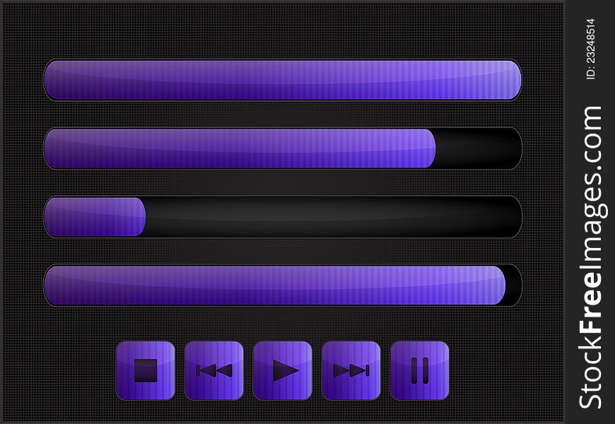 Set of volume scale icons and media control navigation panel. Set of volume scale icons and media control navigation panel