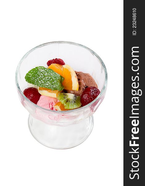 Ice Cream With Fruits In Cocktail Glass