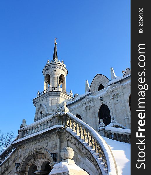 White stone church built in russian gothic style