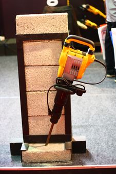 Yellow Demolition Hammer Breaking Brick Demo Stock Photos Yellow Demolition Hammer Breaking Brick Demo Stock Photos