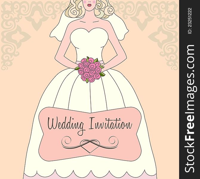 Wedding invitation with white dress and flowers
