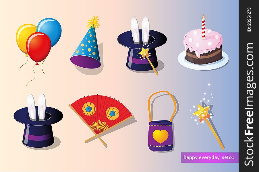 Birthday and party set: cake, magic tools, fan and bubbles